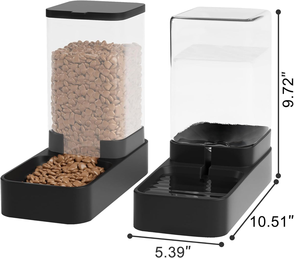 Side profile of Wefeedy pet food and waterer station with transparent reservoirs