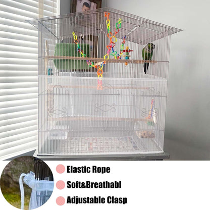White nylon net guard installed on a large parrot cage