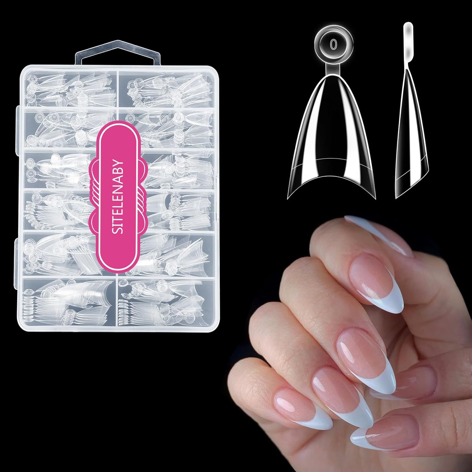 SITELENABY short almond soft gel nail tips in 300 piece clear extension set