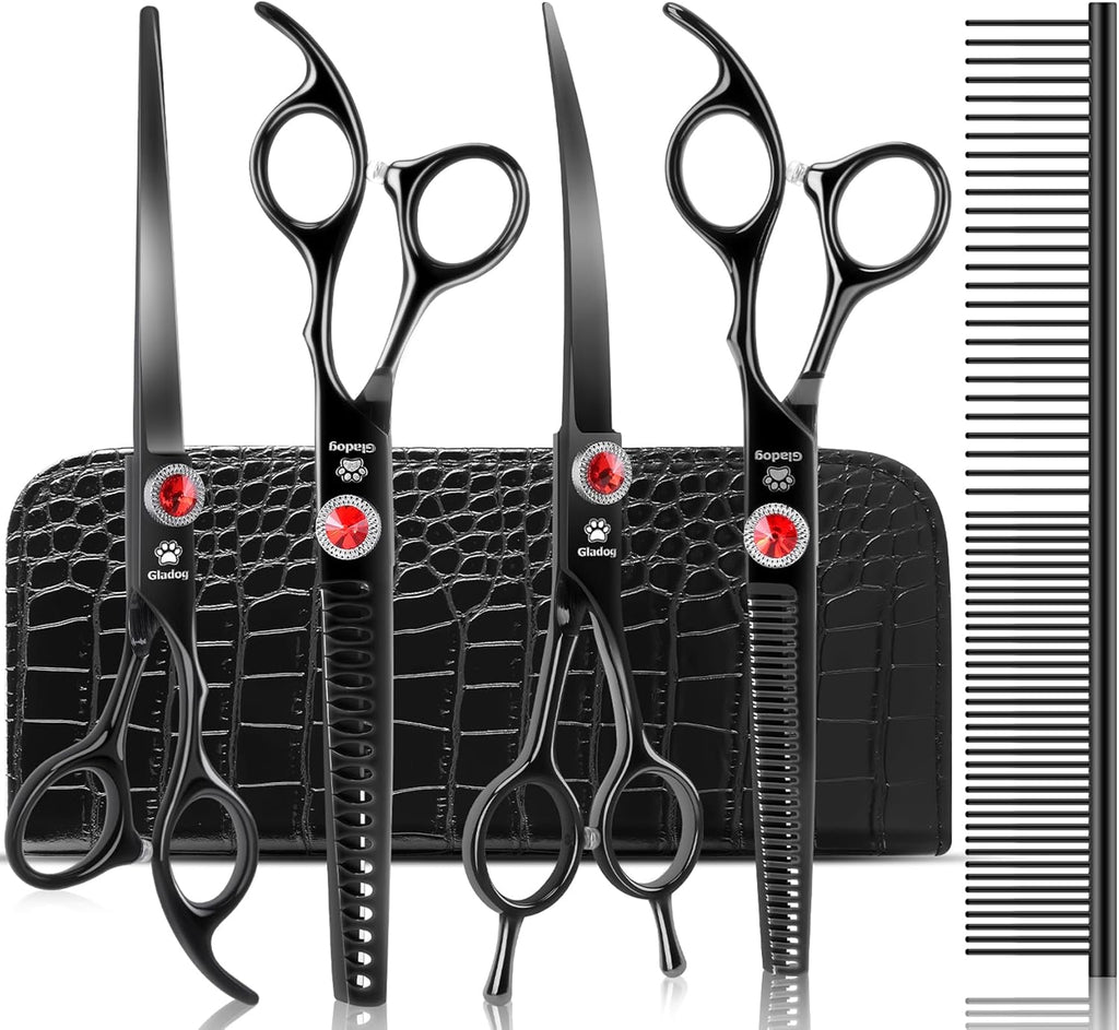 GLADOG six piece pet grooming kit organized neatly inside the premium black leather storage case