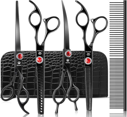 GLADOG six piece pet grooming kit organized neatly inside the premium black leather storage case