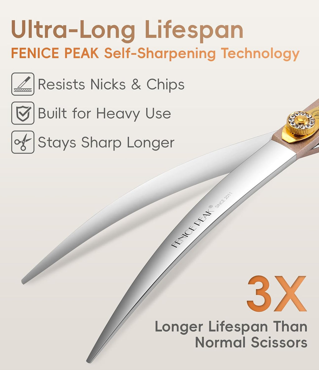 Built-in silencer bumper on professional pet grooming curved shears