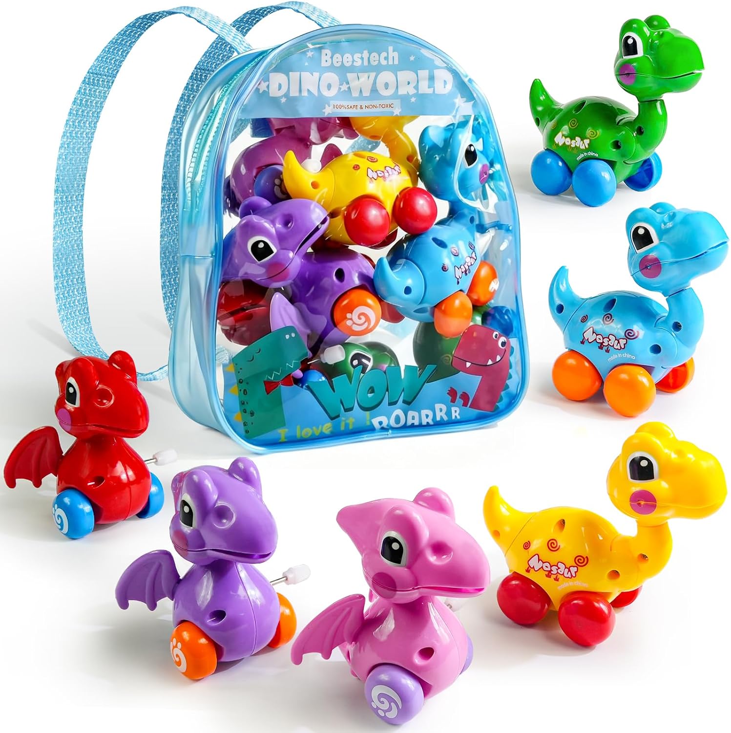 Beestech wind up dinosaur toys front view showing six colorful prehistoric vehicles