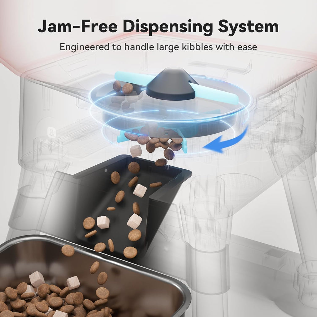 Molly And Cody automated large breed pet feeder displaying the anti blockage internal motor assembly.