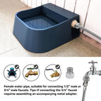 Namsan blue livestock water bowl attached to outdoor garden faucet