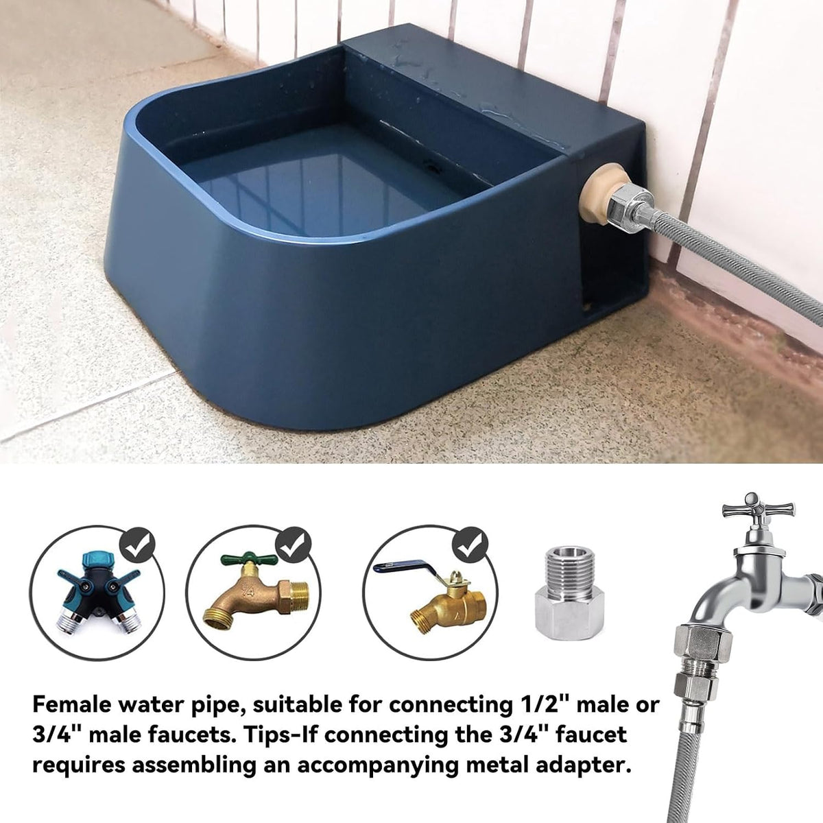 Namsan blue livestock water bowl attached to outdoor garden faucet
