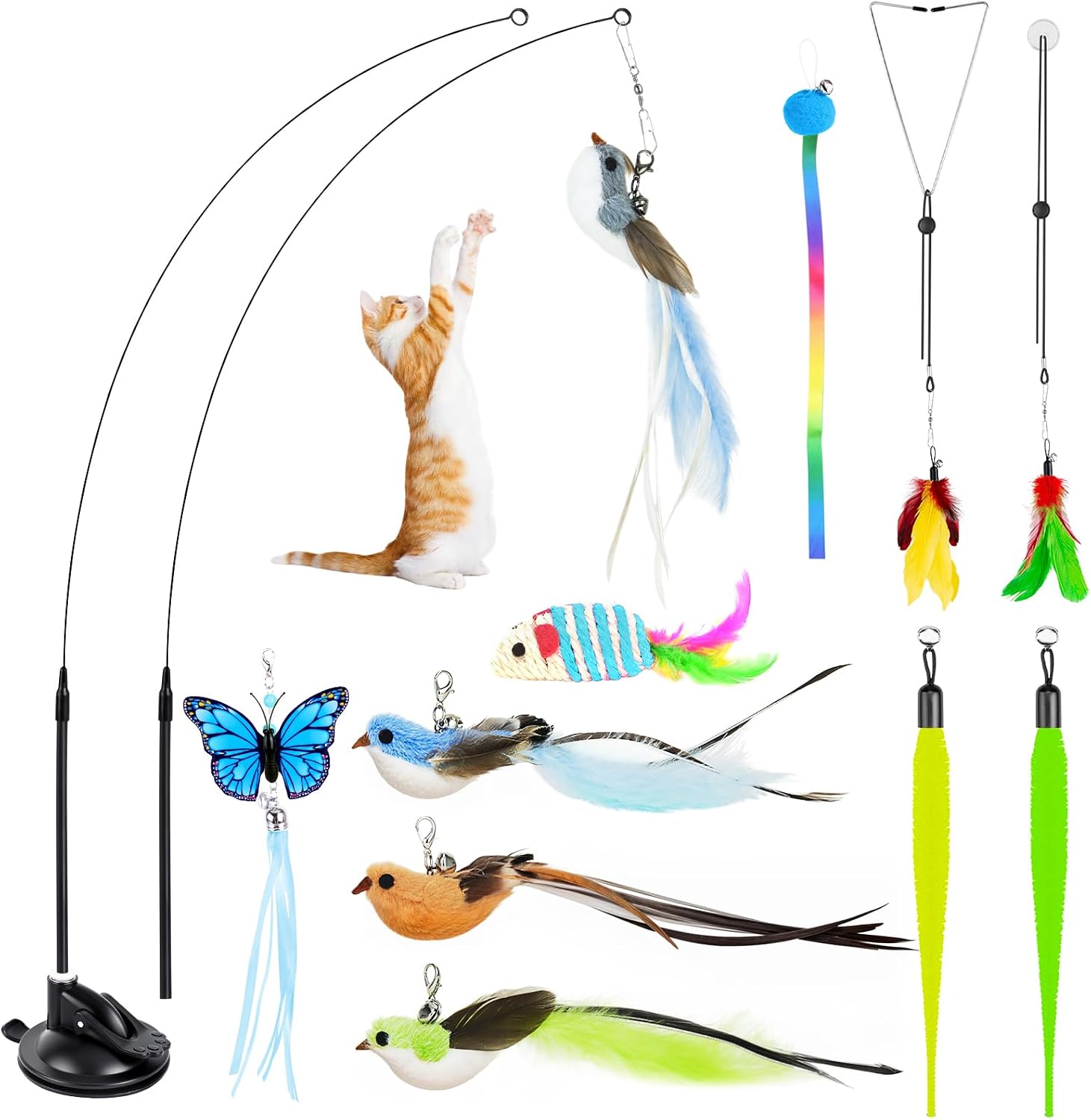 Rixzrt interactive bird simulation cat toy fourteen piece set front view showing powerful suction cup base.