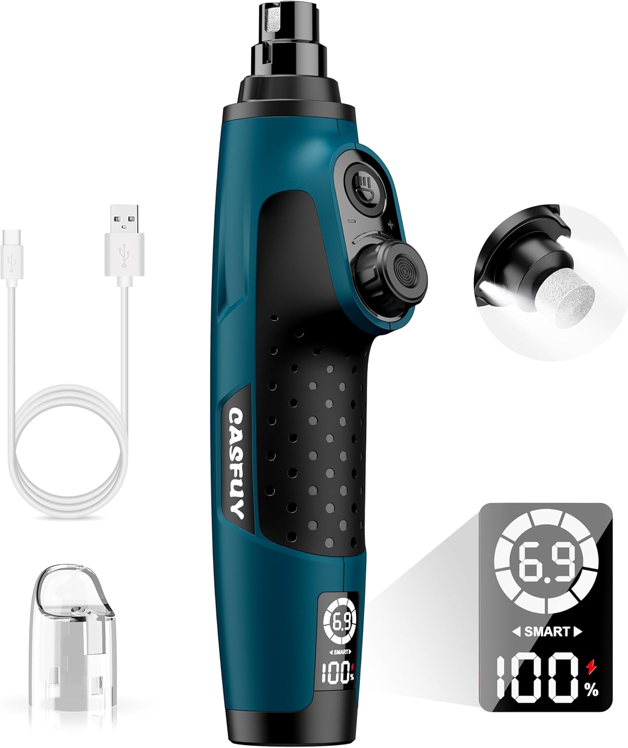 Casfuy Smart 6-Speed Dog Nail Grinder - 50% More Power Pet Nail Grinder with 2 LED Lights Quiet Rechargeable Electric Dog Nail Trimmers File Toenail Grinder for Large Medium Small Dogs & Cats (Red) - Image 9