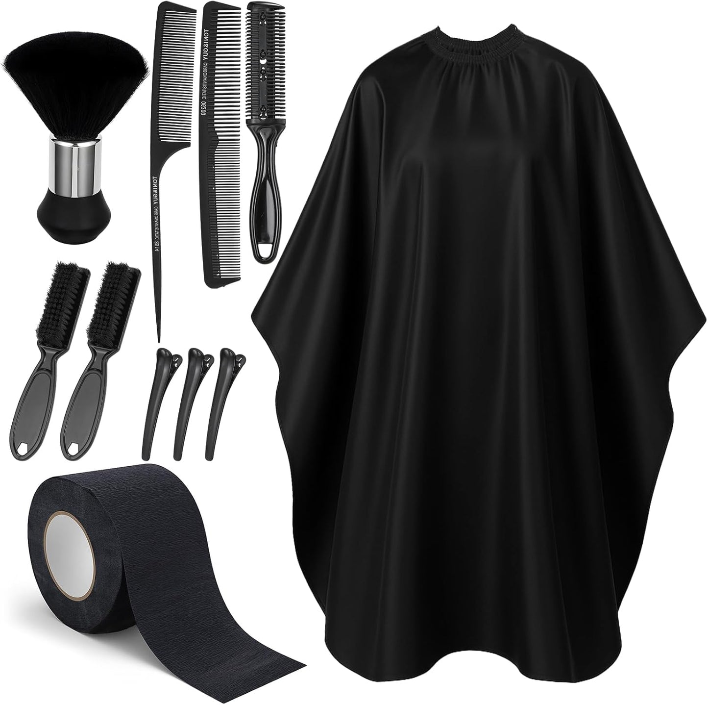 Obeoby professional 10 in 1 barber cape kit front view showing the full black hair cutting sheet and grooming accessories.