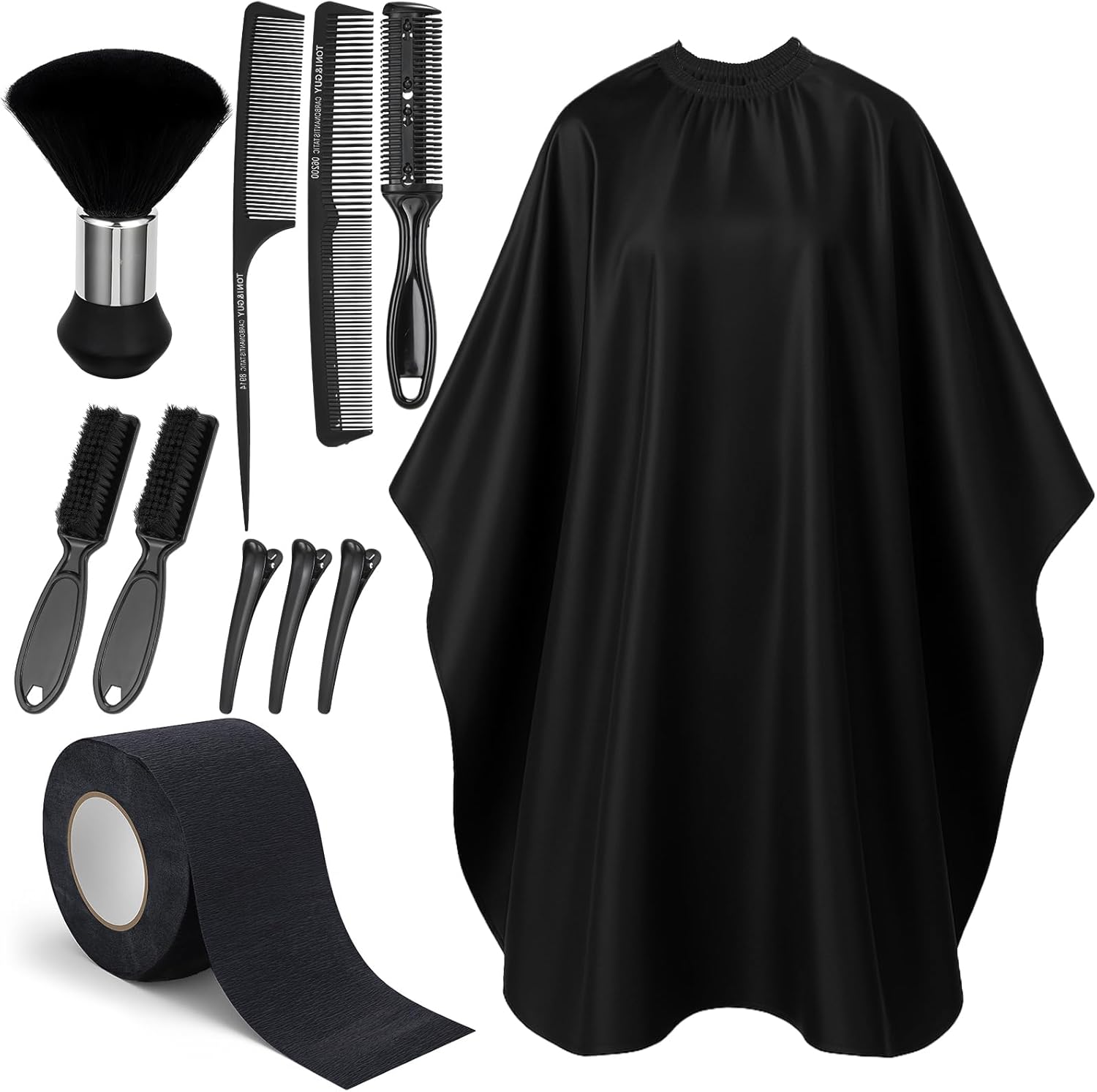 Obeoby professional 10 in 1 barber cape kit front view showing the full black hair cutting sheet and grooming accessories.