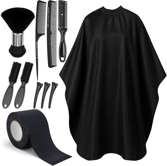 Obeoby professional 10 in 1 barber cape kit front view showing the full black hair cutting sheet and grooming accessories.