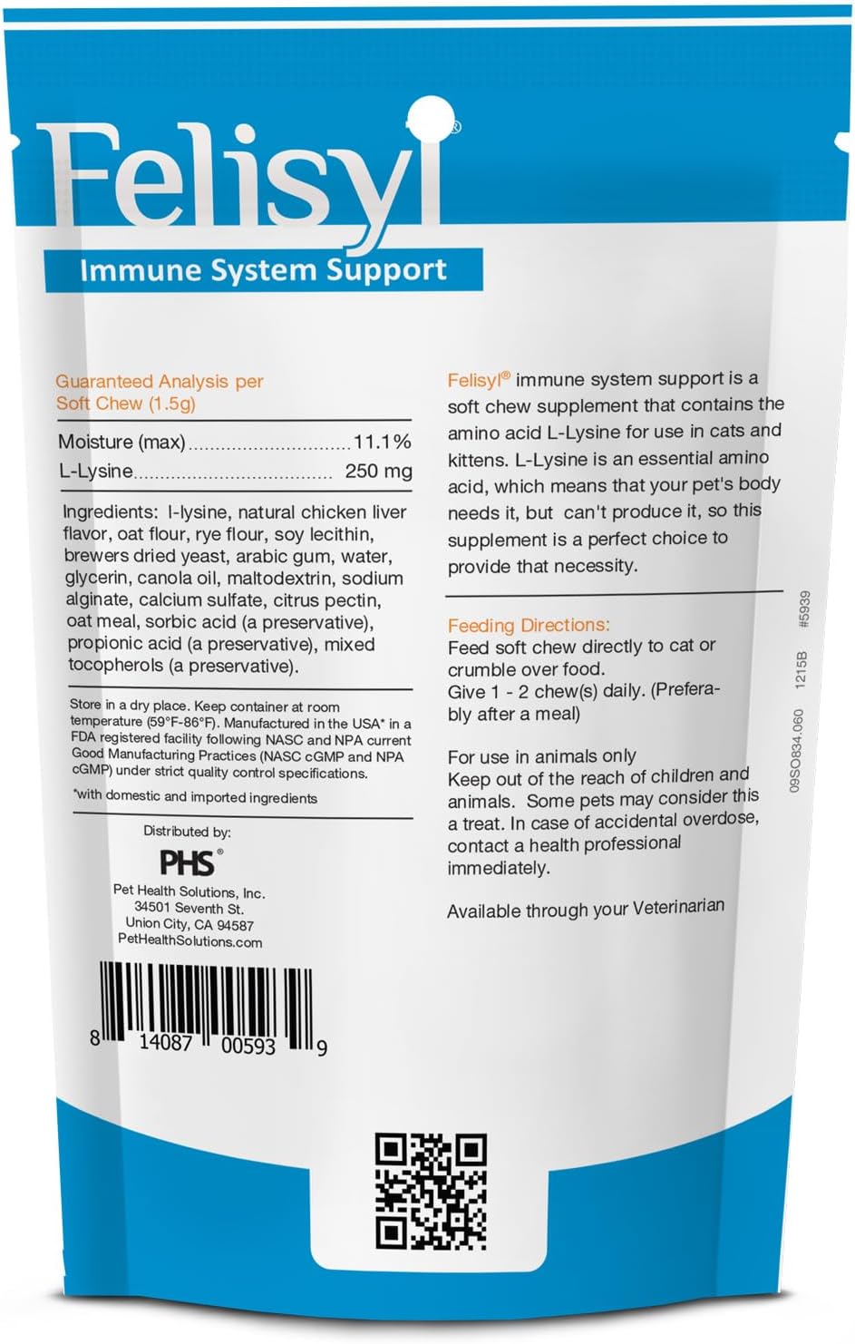 Back of Pet Health Solutions Felisyl bag showing supplement facts and ingredients