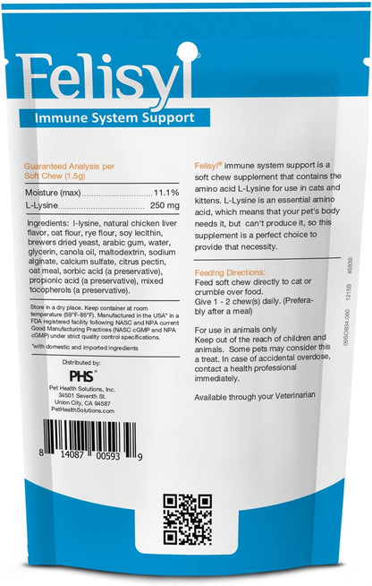 Back of Pet Health Solutions Felisyl bag showing supplement facts and ingredients