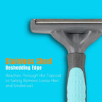 Side profile of DealDistricts deshedding tool showing curved blade