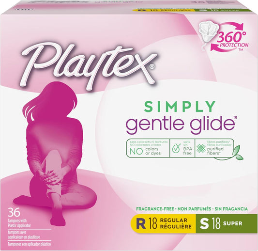 Playtex Simply Gentle Glide Tampons 36 count box front view showing regular and super absorbency.
