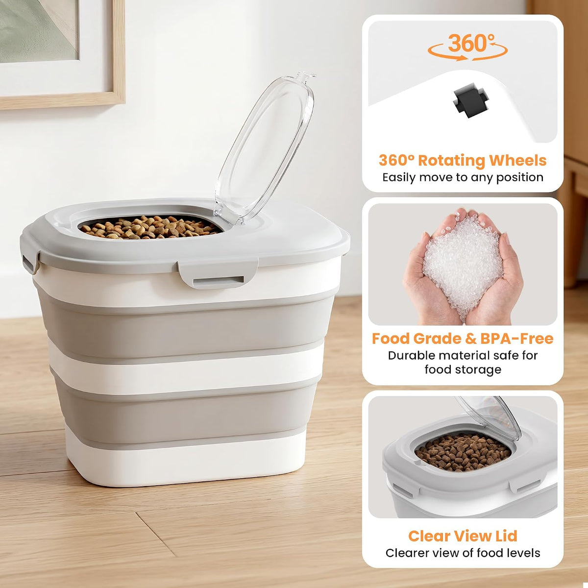 Measuring cup and scoop included with pet food bin