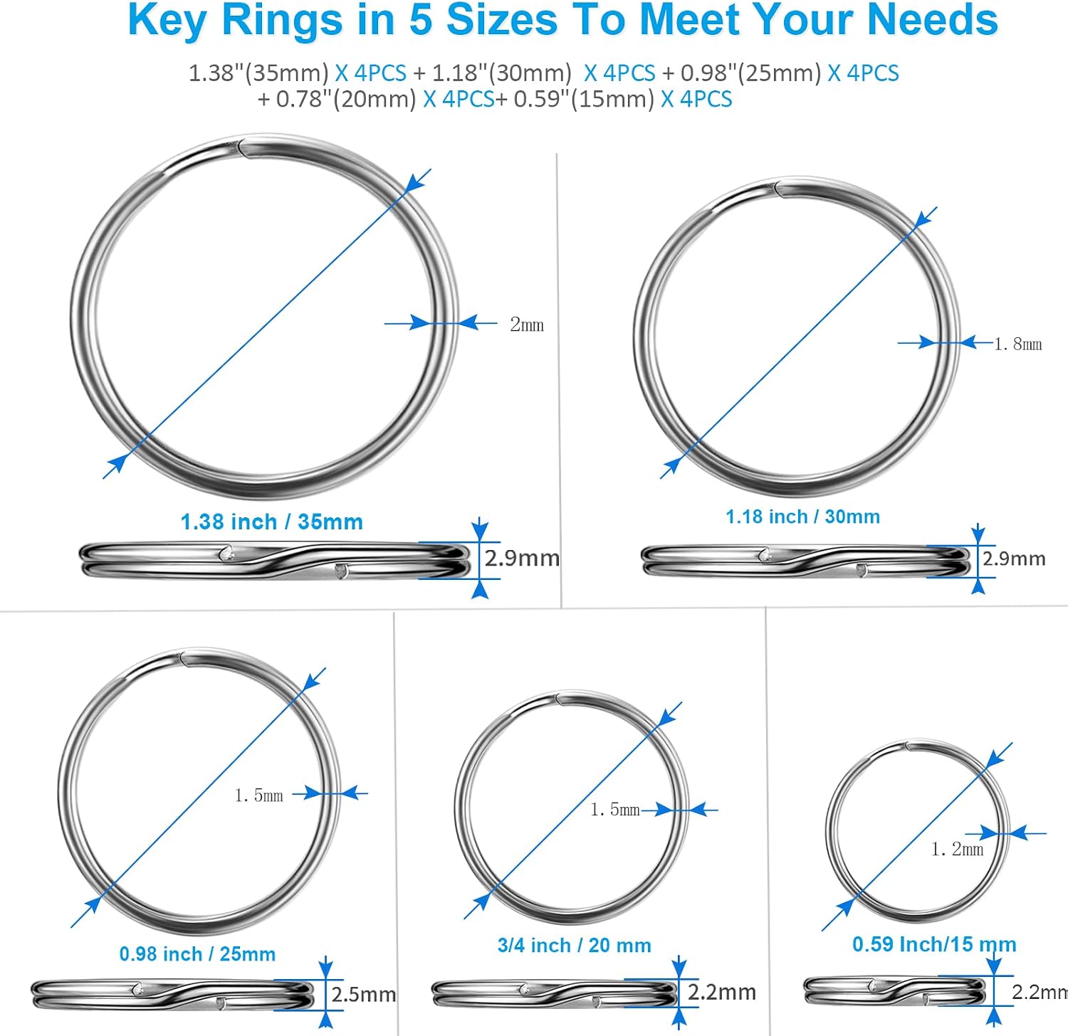 YHYZ stainless steel keychain rings arrangement highlighting the flat double loop design for crafting and DIY tags.