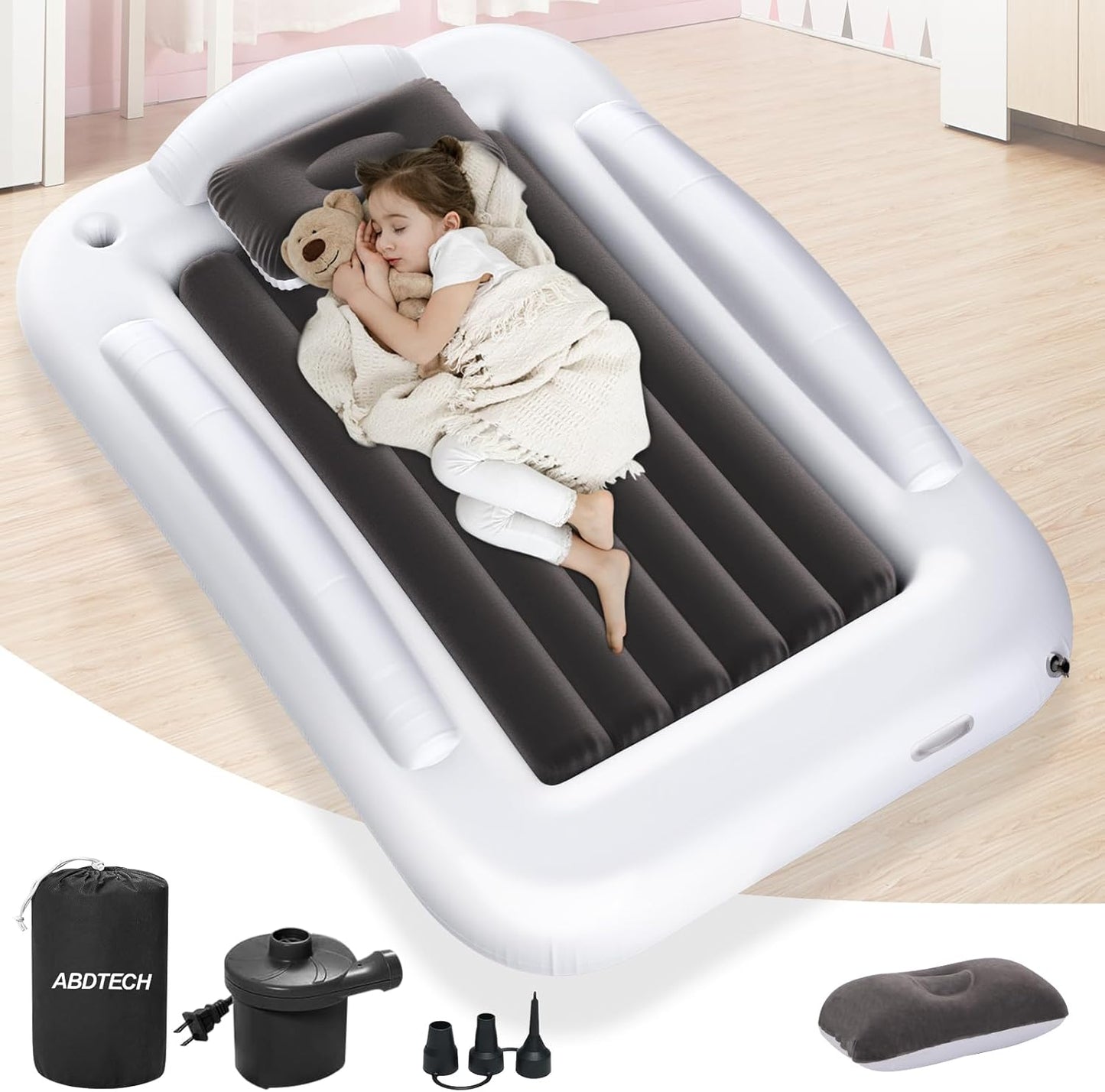 Abdtech inflatable toddler travel bed front view showing raised safety bumpers