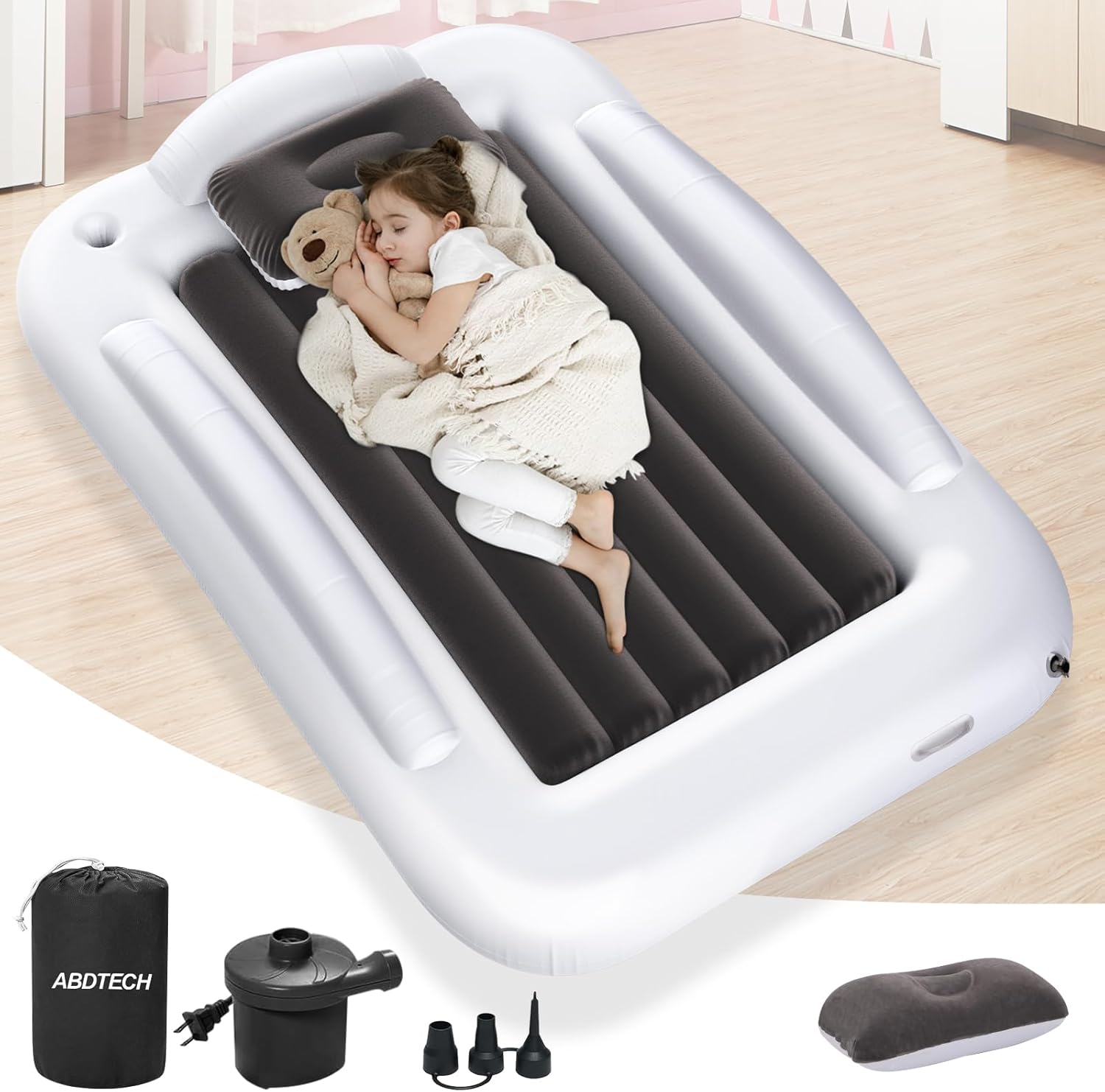 Abdtech inflatable toddler travel bed front view showing raised safety bumpers