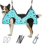 Dog secured in Ateson grooming hammock for nail trim