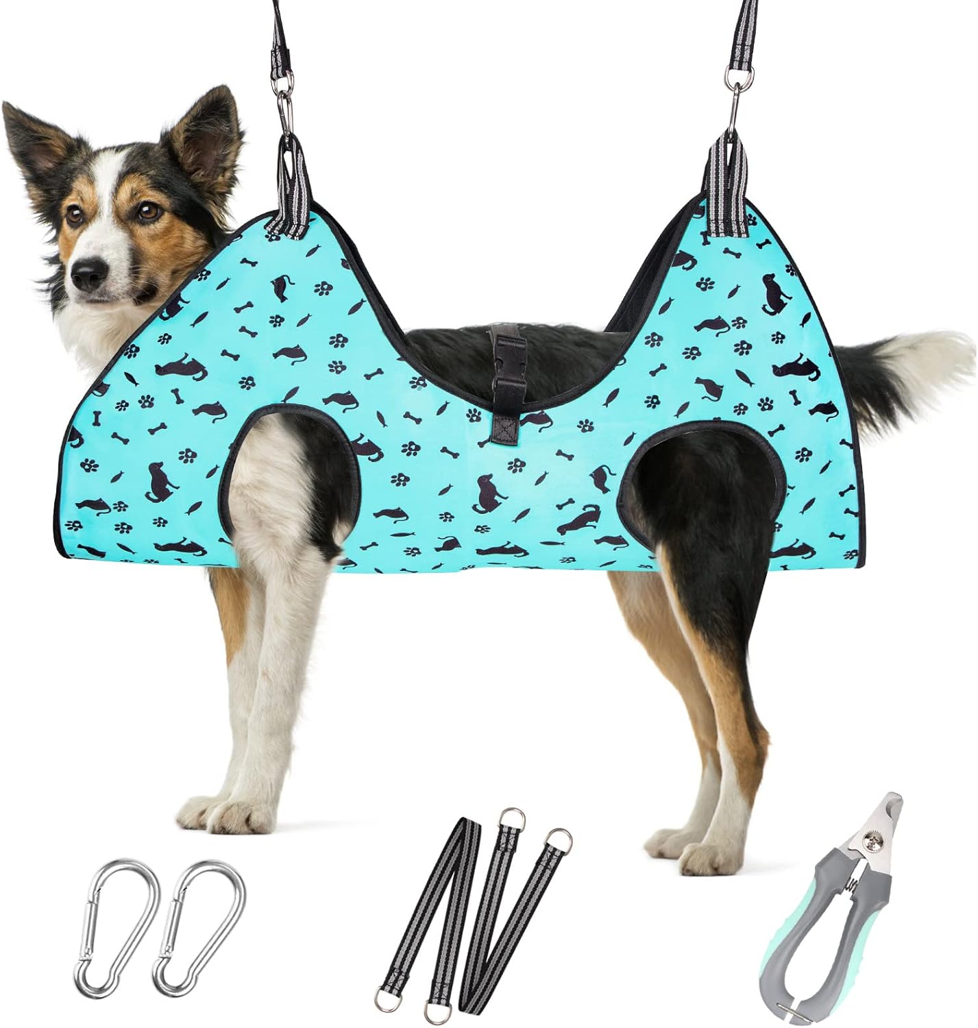 Dog secured in Ateson grooming hammock for nail trim