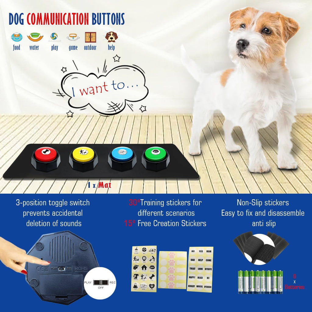 Pet owner recording a thirty second voice command into the microphone of a yellow speech buzzer