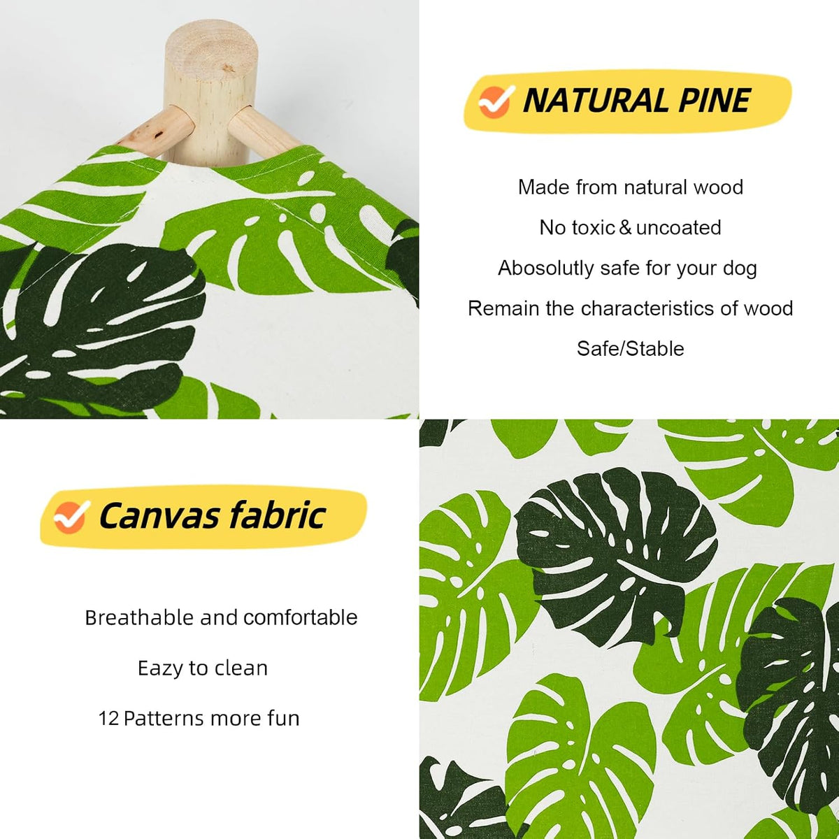 Side view of Patas Lague pet hammock showing natural wood frame