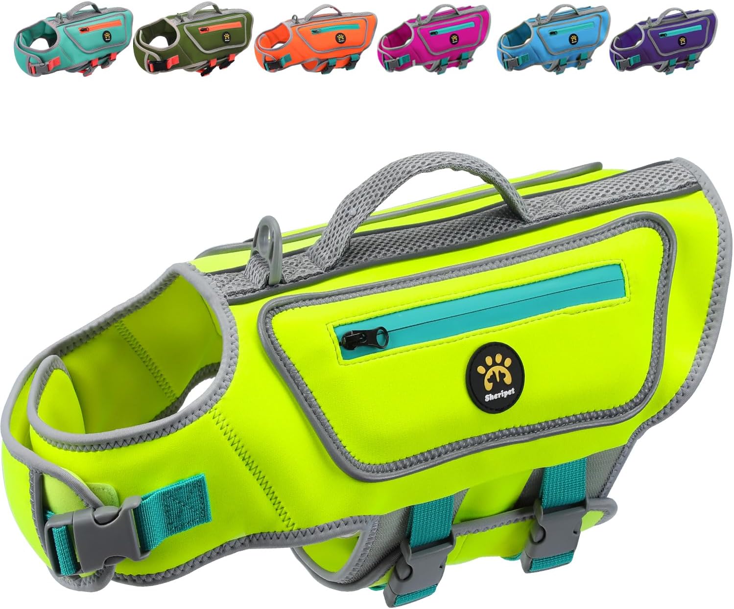Sheripet dog life jacket for small dogs front view showing bright green high buoyancy material.