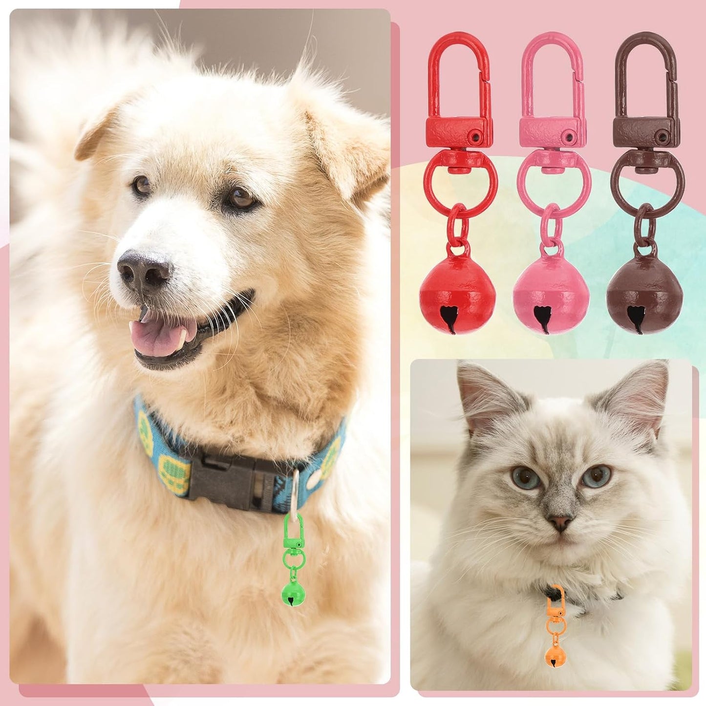 PATIKIL pink jingle bells attached to a standard pet collar ring for tracking