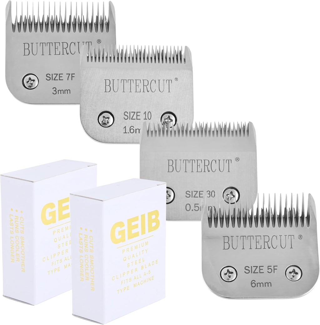 Geib Buttercut Stainless Steel 4 Piece Clipper Blade Kit front view showing professional packaging.