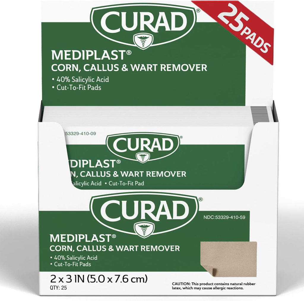 Curad Mediplast 25 pads box front view for corn and wart removal