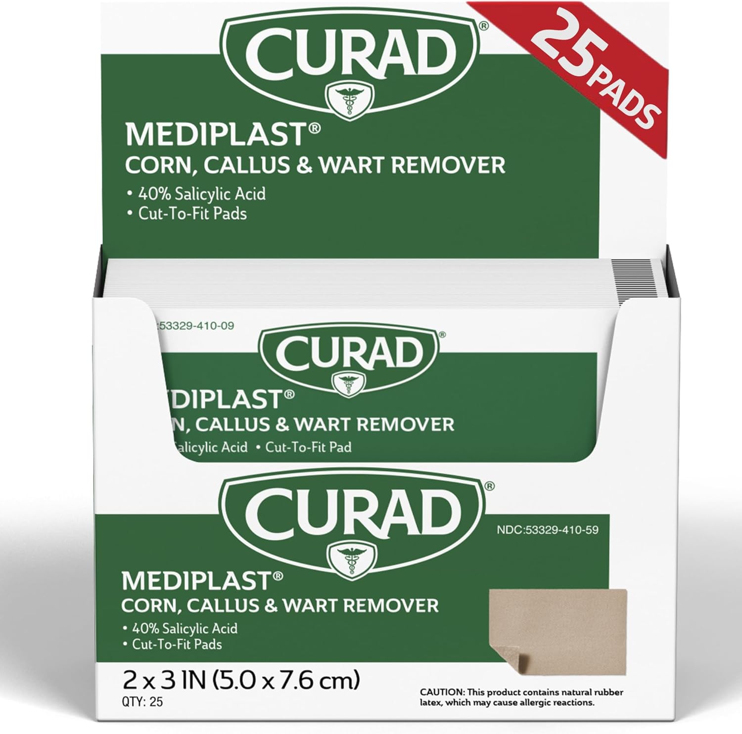 Curad Mediplast 25 pads box front view for corn and wart removal