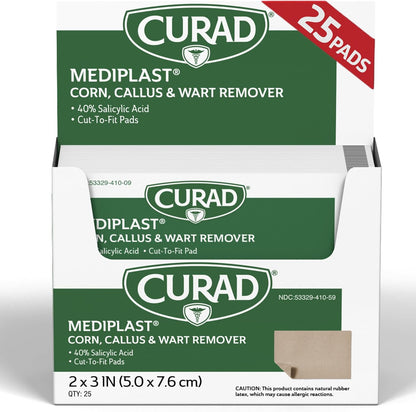 Curad Mediplast 25 pads box front view for corn and wart removal
