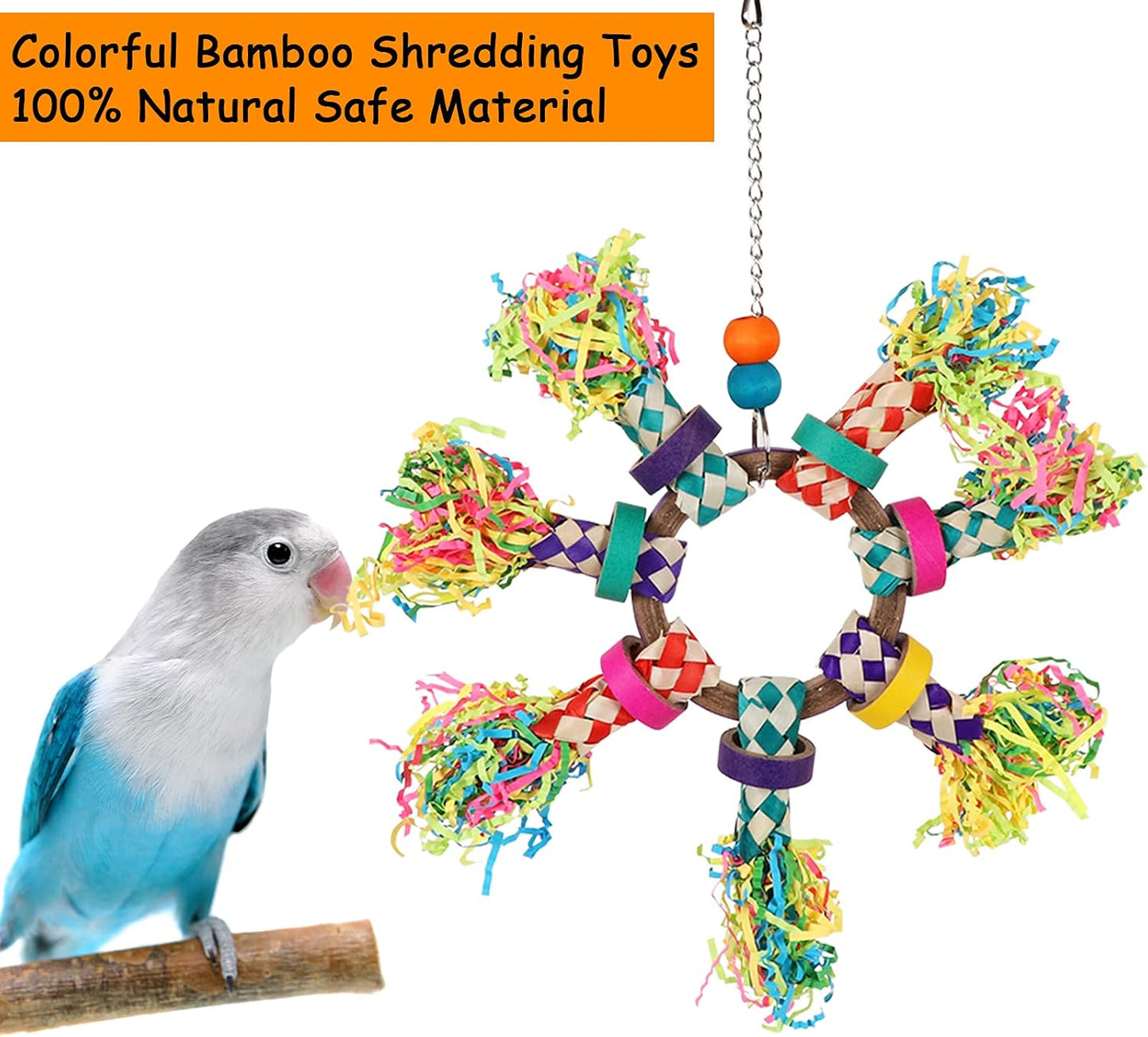 Colorful bamboo parrot chewing toys with edible crinkly paper inside for foraging