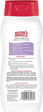 Nature's Miracle dog grooming shampoo showing back label with ingredients and usage directions