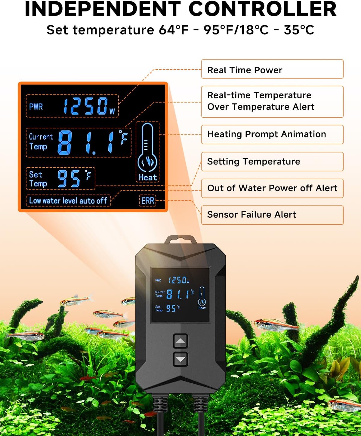 Close up of AQQA aquarium heater digital touchscreen display