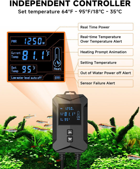 Close up of AQQA aquarium heater digital touchscreen display