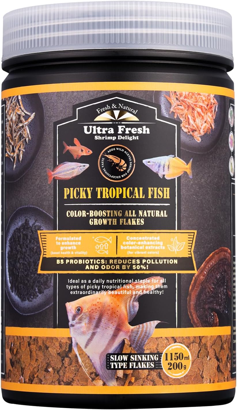 Imported USA premium fish food jar showing nutritional analysis profile