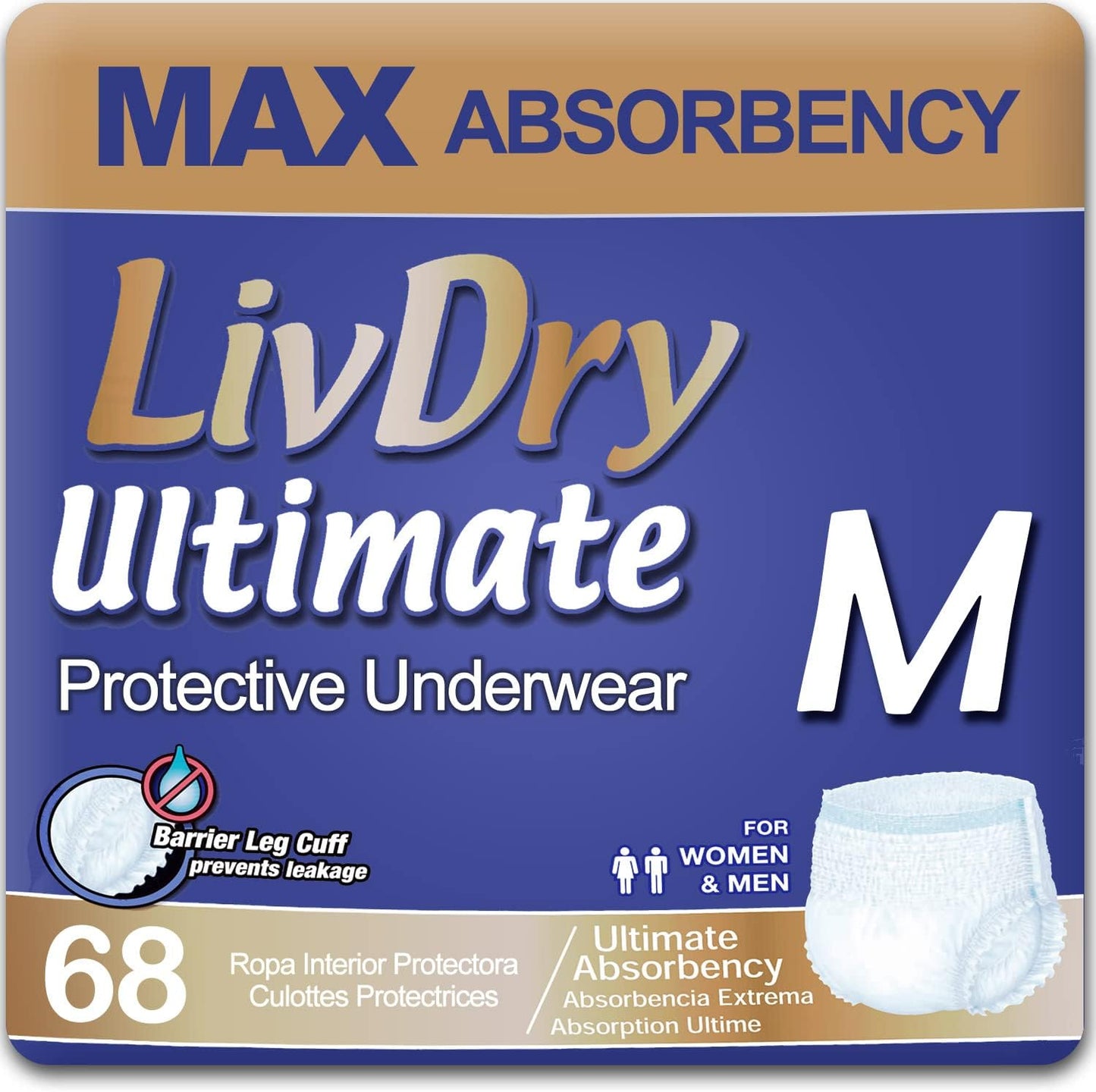 LivDry Ultimate Adult Incontinence Underwear front view of the packaging for size medium 68 count
