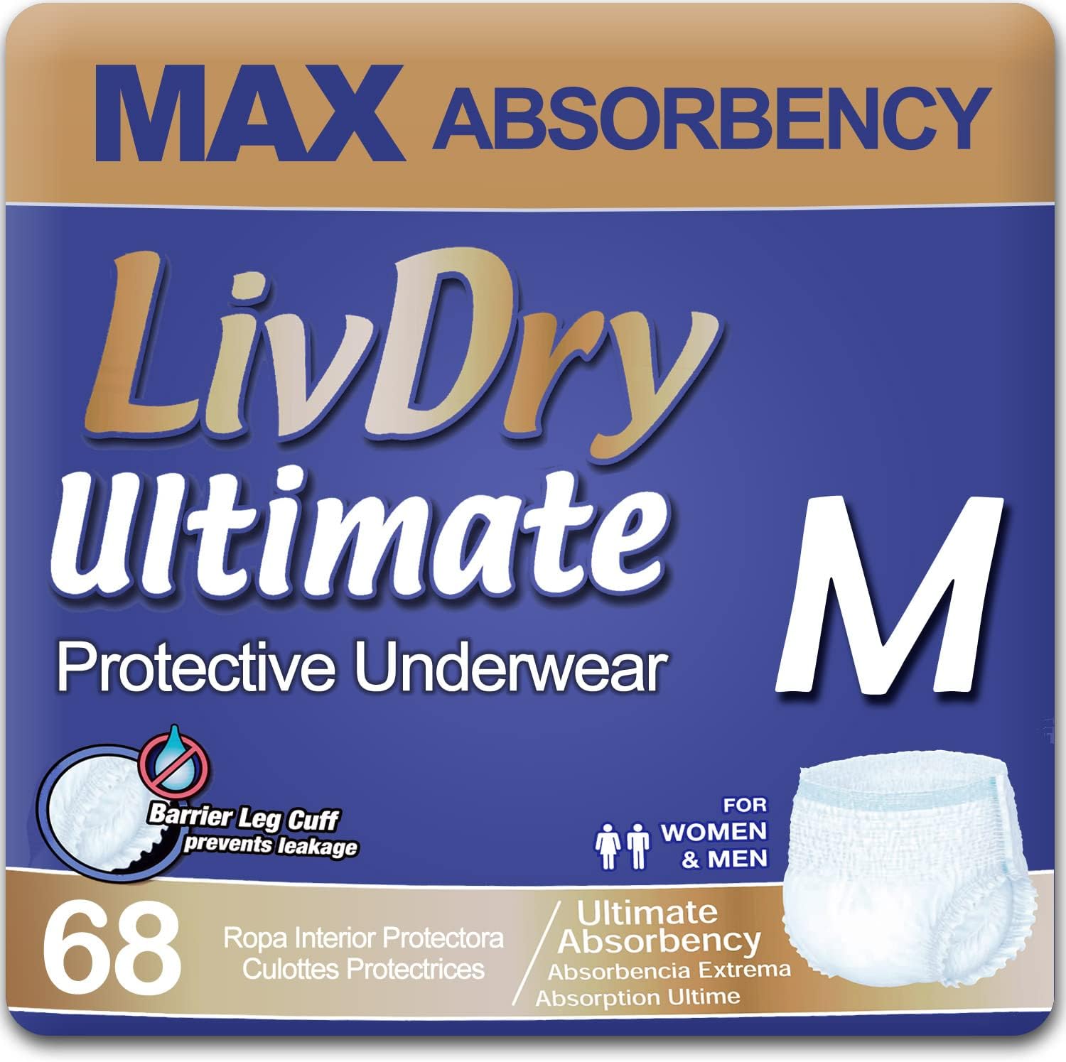 LivDry Ultimate Adult Incontinence Underwear front view of the packaging for size medium 68 count