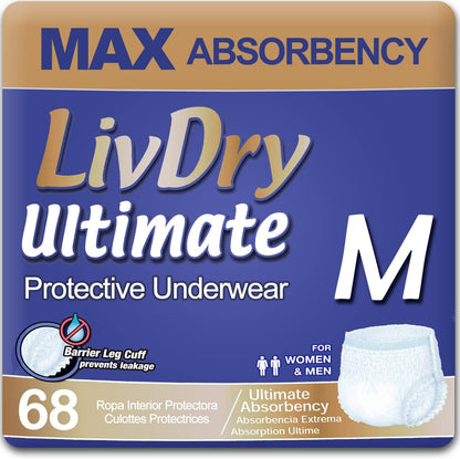 LivDry Ultimate Adult Incontinence Underwear front view of the packaging for size medium 68 count