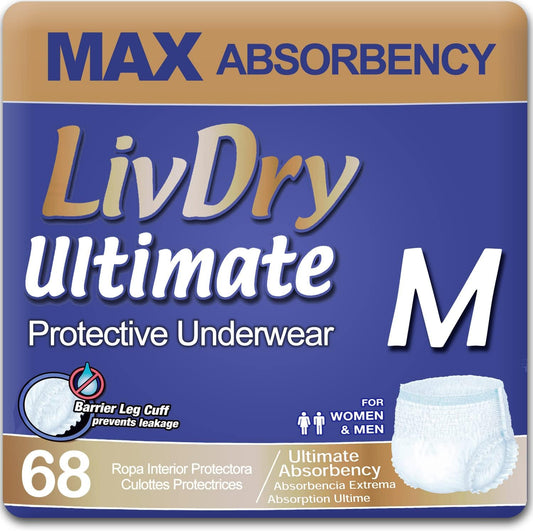 LivDry Ultimate Adult Incontinence Underwear front view of the packaging for size medium 68 count