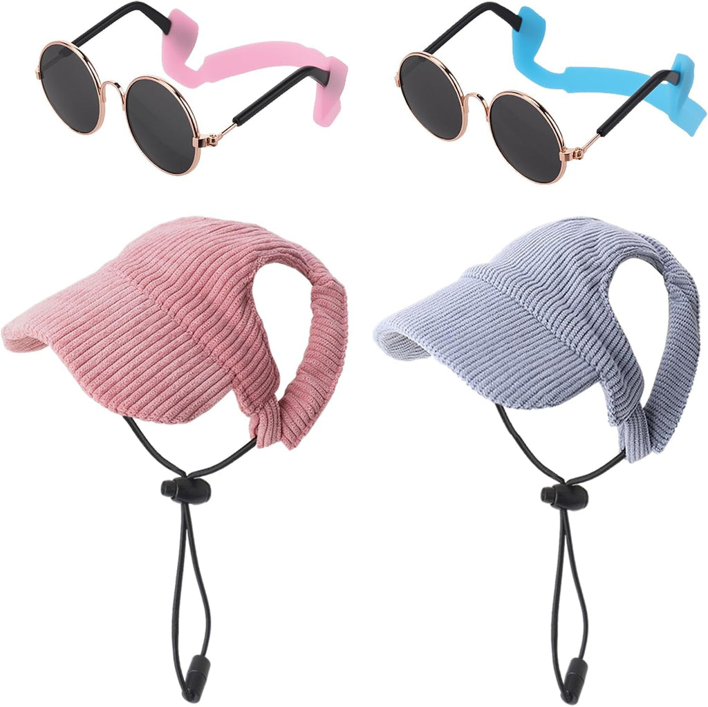 Small dog wearing pink corduroy baseball hat and sunglasses