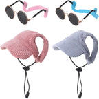 Small dog wearing pink corduroy baseball hat and sunglasses