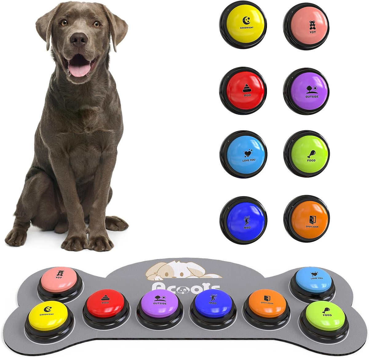 USA imported Acools recordable talking buttons packaging displaying complete pet training accessories.