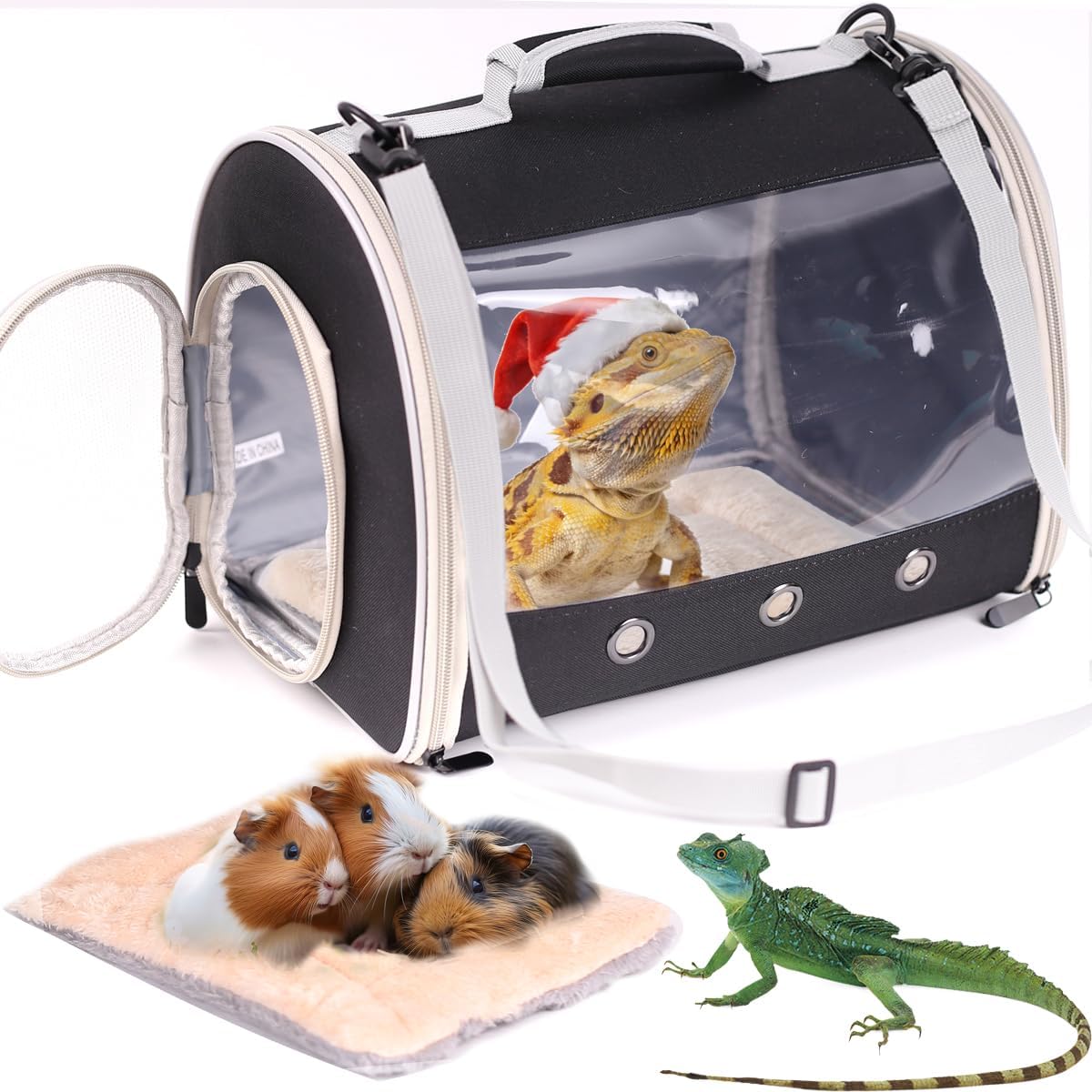 Bearded Dragon Travel Carrier Backpack,Lizard Backpack Carrier,Space Capsule Clear Bubble Window Astronaut Reptile Carrier Backpack for Guinea Pig,Sugar Glider,Bunny (Black, TPU Carrier+MAT) - Image 1