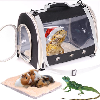 Bearded Dragon Travel Carrier Backpack,Lizard Backpack Carrier,Space Capsule Clear Bubble Window Astronaut Reptile Carrier Backpack for Guinea Pig,Sugar Glider,Bunny (Black, TPU Carrier+MAT) - Image 1