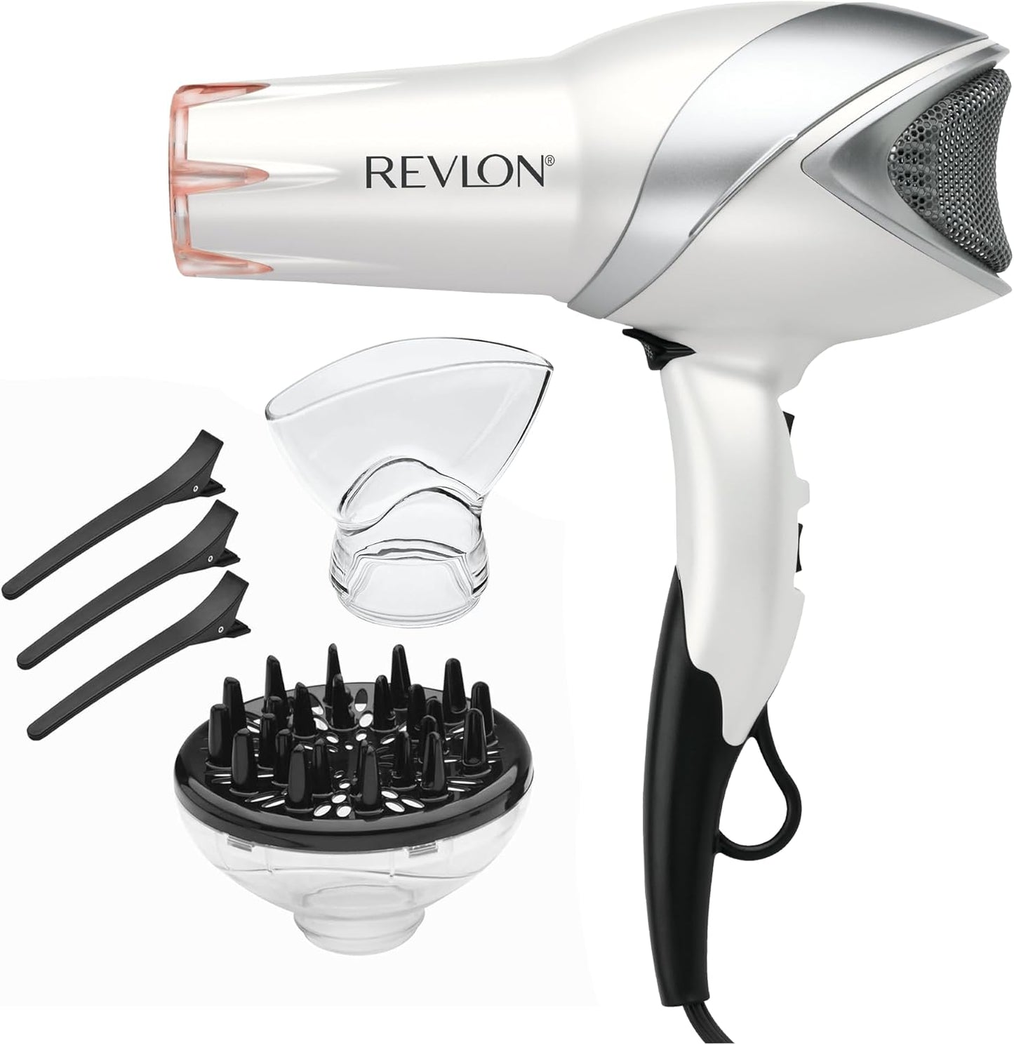 Revlon Infrared Ionic Hair Dryer front view showing sleek white finish and silver accents.