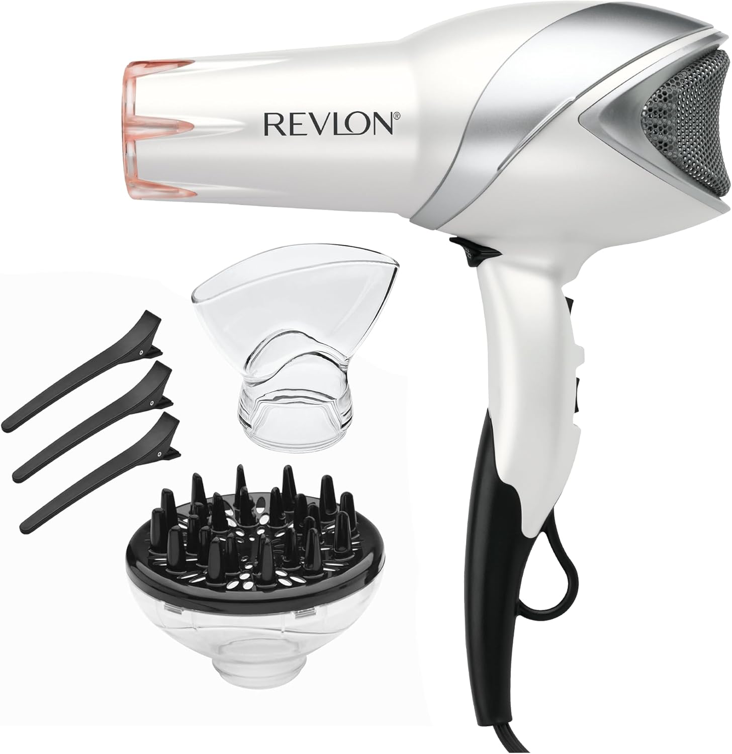 Revlon Infrared Ionic Hair Dryer front view showing sleek white finish and silver accents.