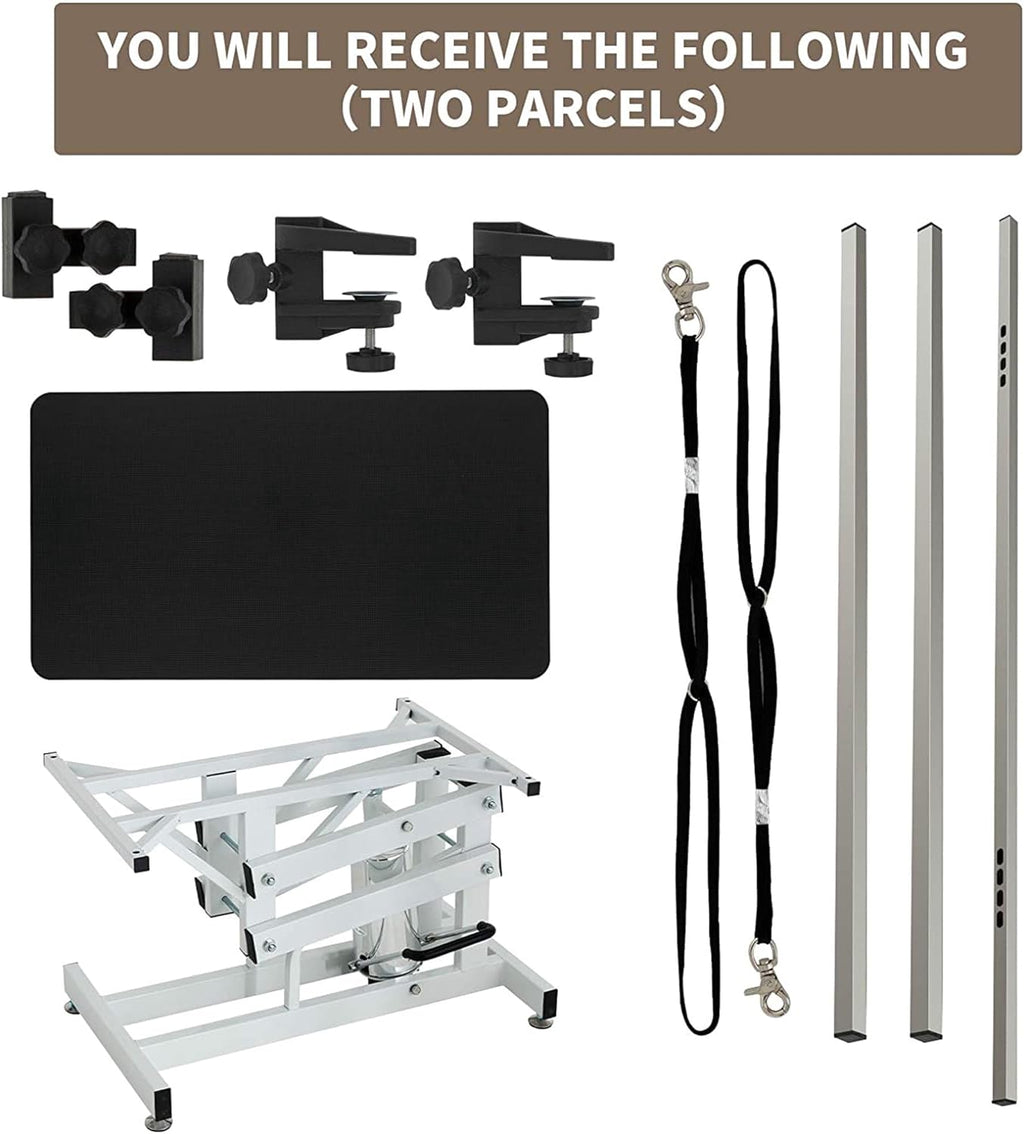 Afqxf pet grooming setup with adjustable overhead arm and dual safety grooming loops.